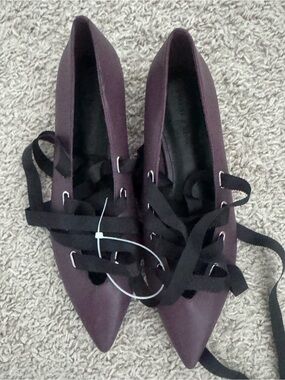 Charles & Keith Pointed Lace-Up Flats in Plum